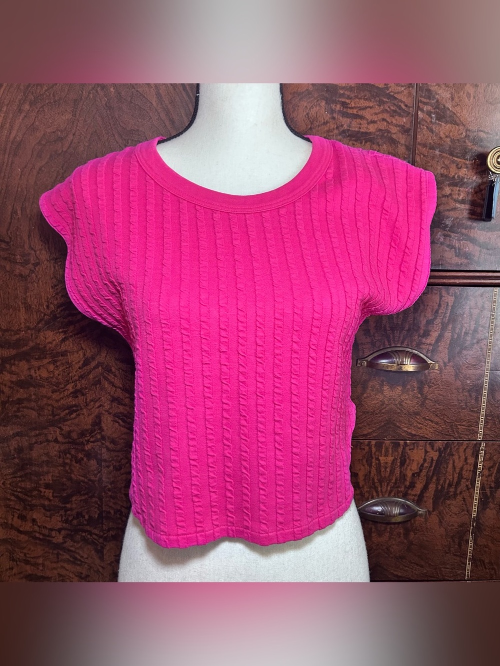 Vintage 80’s Helium Pink Chunky Knit Cropped Short Sleeve Shirt Womens L Surfer